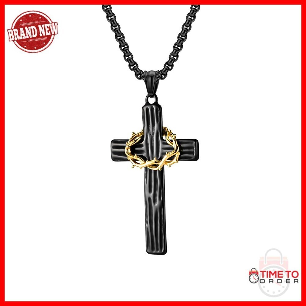 Stainless Steel Cross Pendant Necklace for Men, 60cm Rolo Chain